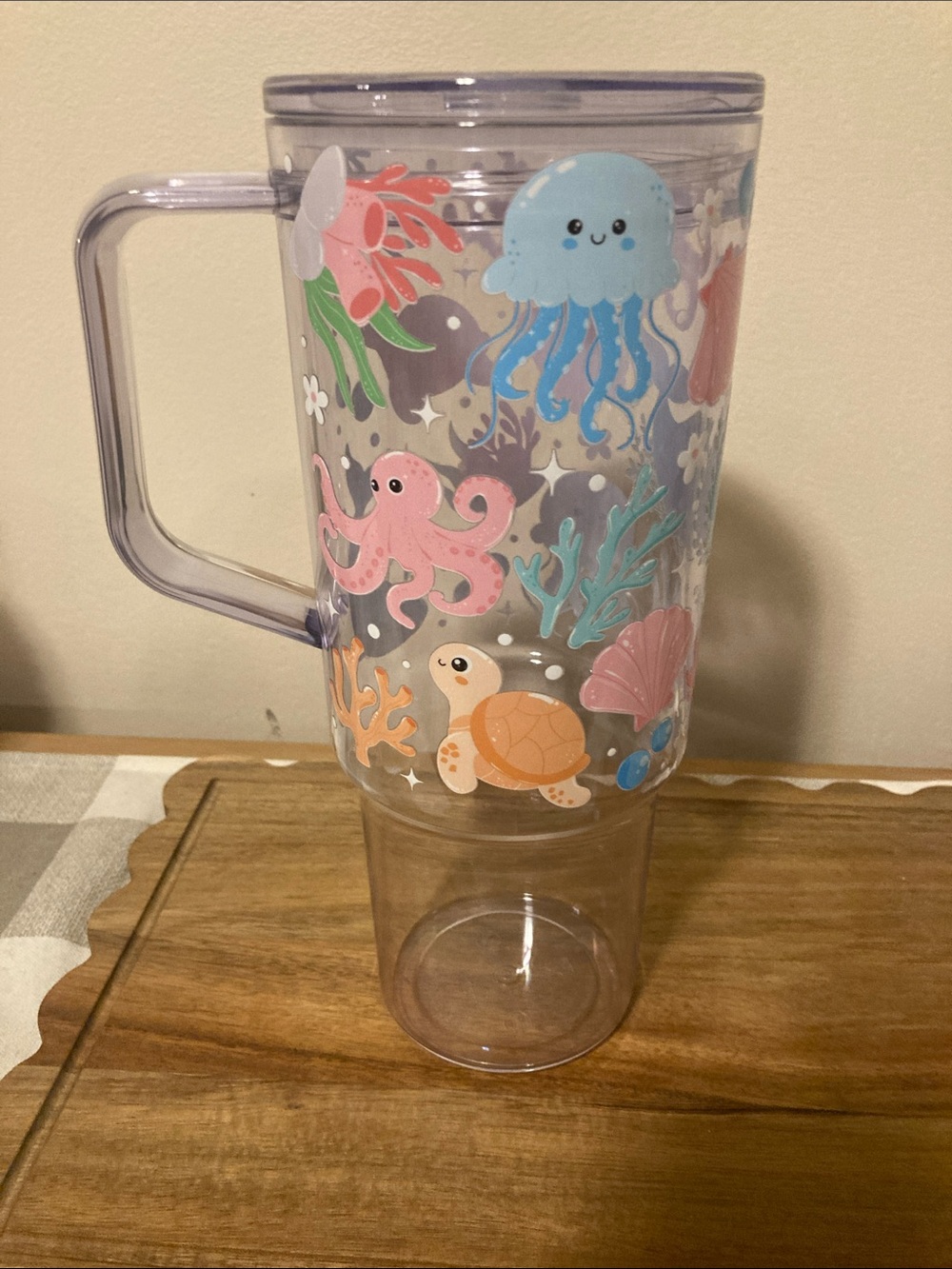 Clear Ocean Friends Travel Mug with Pink and Blue Sea Creature Design